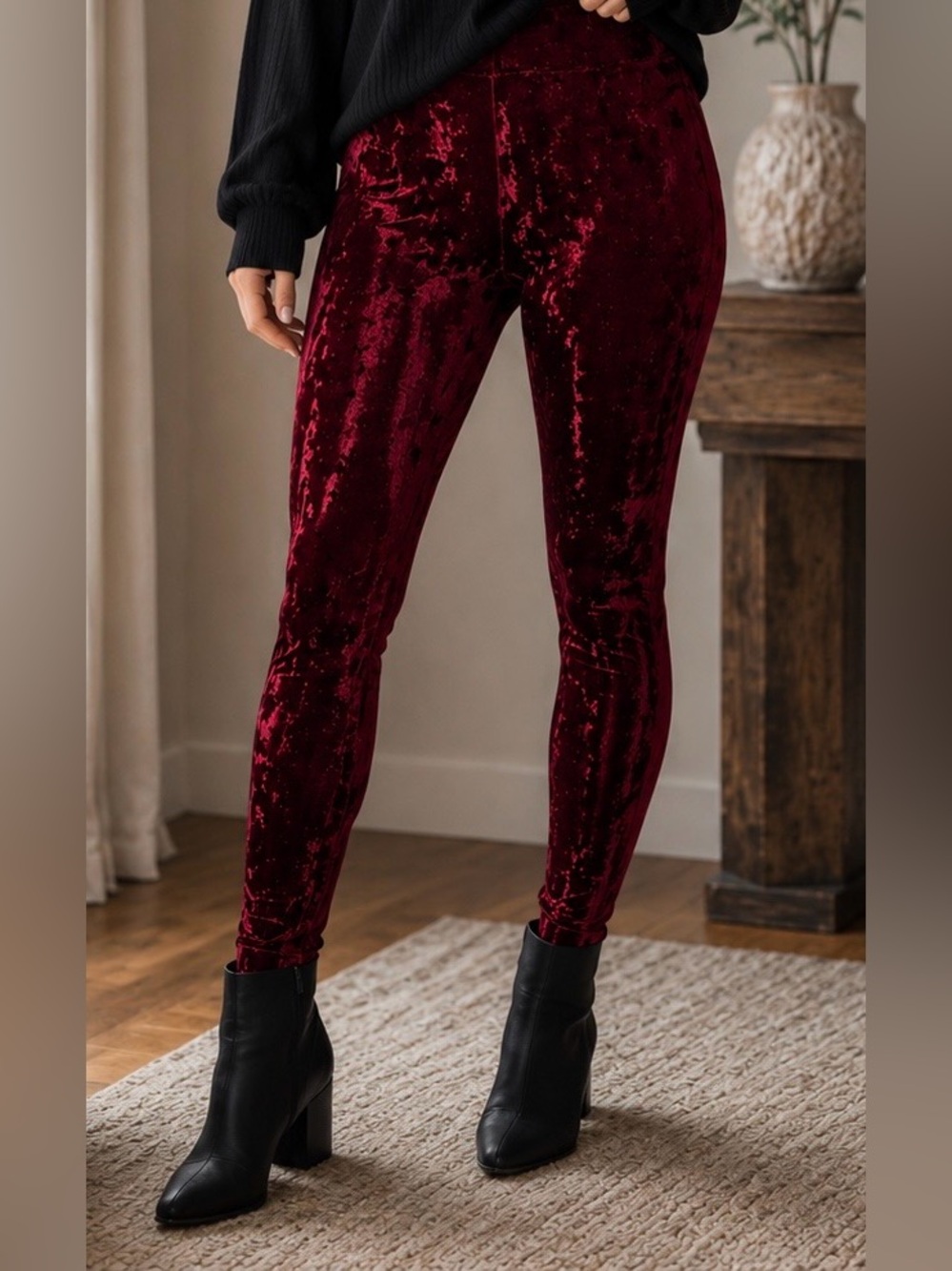 Shop The Trends Burgundy Crushed Velvet Leggings NWOT Stretch Holiday Party